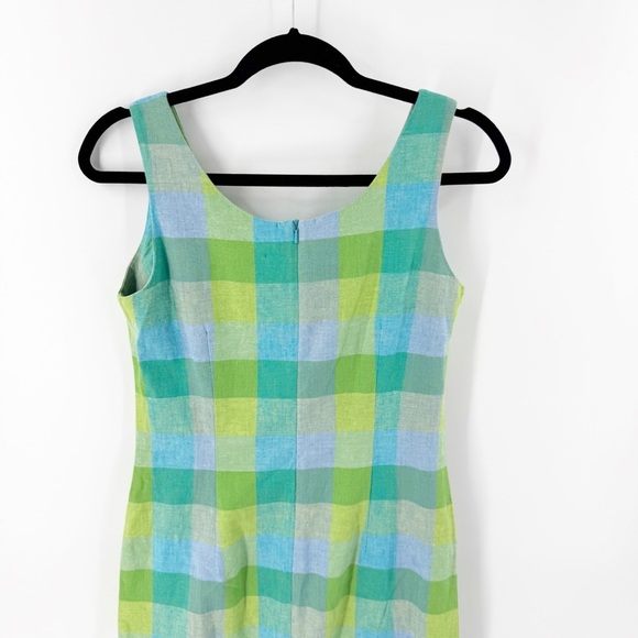 ✅ VINTAGE LAURA ASLEY GREEN/BLUE Plaid LINEN Sleeveless DRESS SIZE 4 - Picture 3 of 7